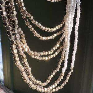 Vintage Costume Necklace, Pearlescent White and Gold Beaded Multi-Strand
